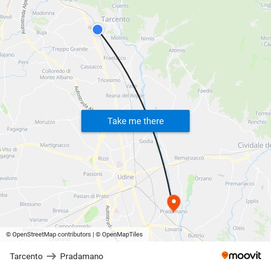 Tarcento to Pradamano map
