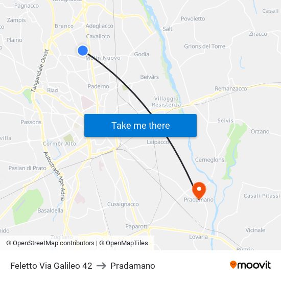 Feletto Via Galileo 42 to Pradamano map