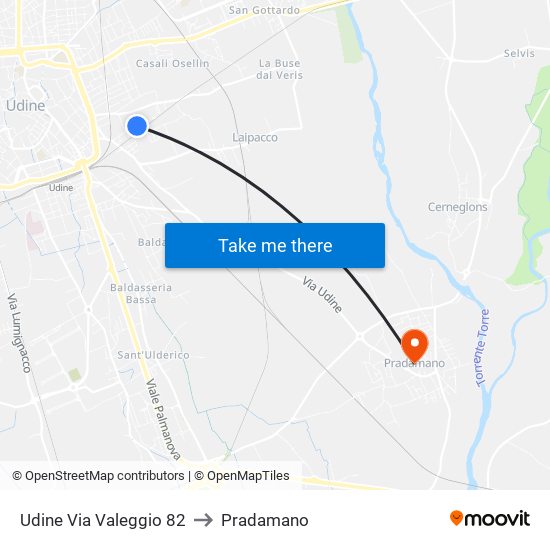 Udine Via Valeggio 82 to Pradamano map