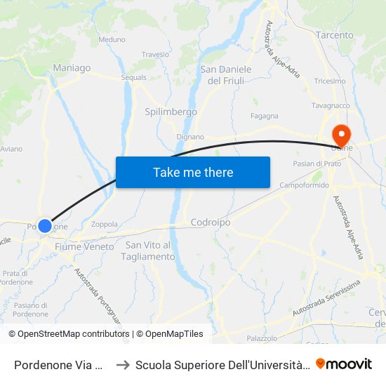 Pordenone Via Montereale 7 to Scuola Superiore Dell'Università Degli Studi Di Udine map