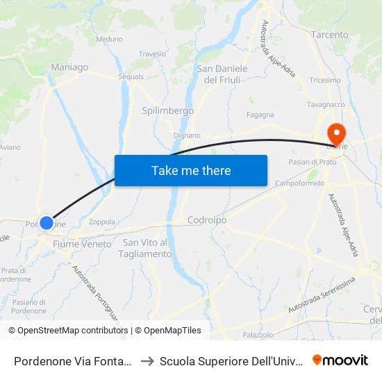 Pordenone Via Fontane (Istituto Mattiussi) to Scuola Superiore Dell'Università Degli Studi Di Udine map