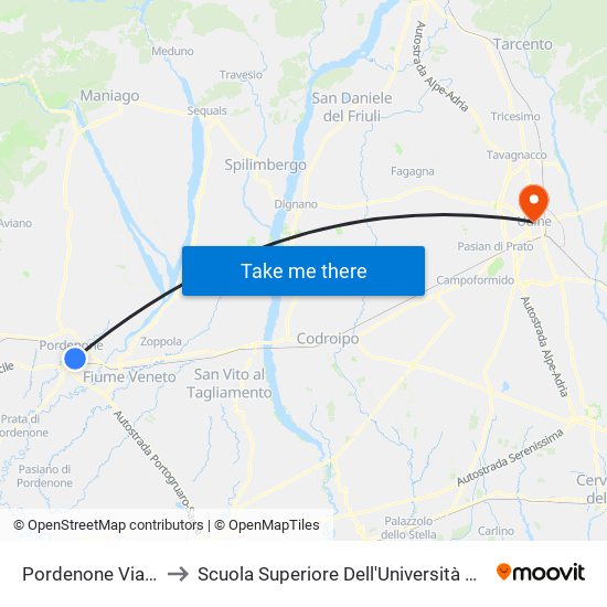 Pordenone Via Mestre 1 to Scuola Superiore Dell'Università Degli Studi Di Udine map