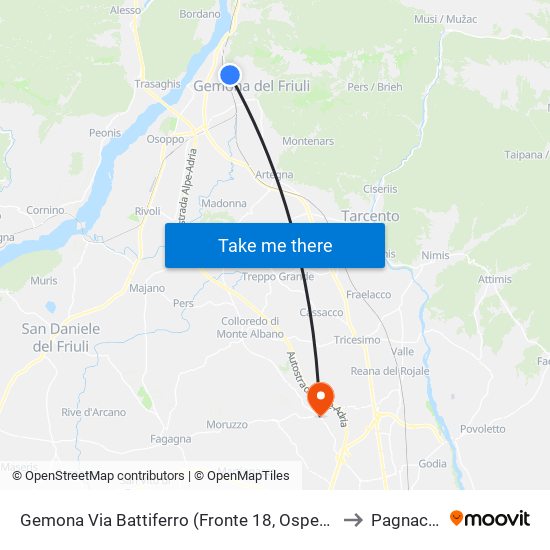 Gemona Via Battiferro (Fronte 18, Ospedale) to Pagnacco map