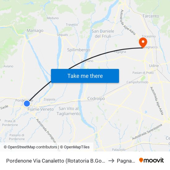 Pordenone Via Canaletto (Rotatoria B.Go Meduna) to Pagnacco map