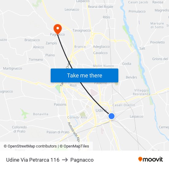Udine Via Petrarca 116 to Pagnacco map