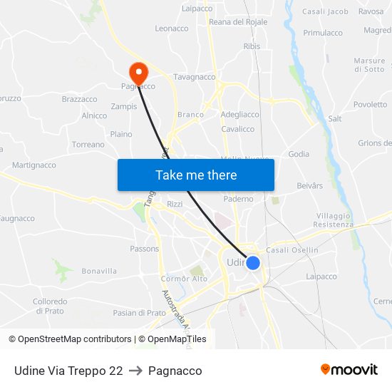 Udine Via Treppo 22 to Pagnacco map