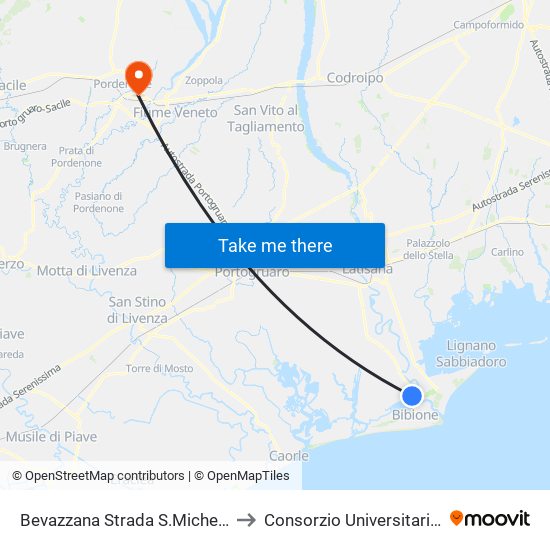 Bevazzana Strada S.Michele Al T. Dir Bibione to Consorzio Universitario Di Pordenone map