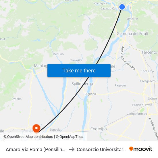 Amaro Via Roma (Pensilina Esterna Rotonda) to Consorzio Universitario Di Pordenone map