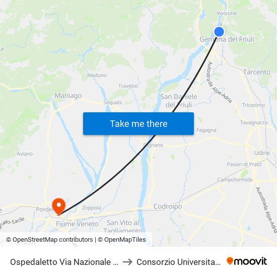 Ospedaletto Via Nazionale 27 (Direzione Udine) to Consorzio Universitario Di Pordenone map