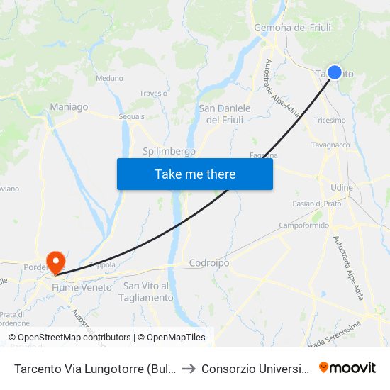 Tarcento Via Lungotorre (Bulfons, Direzione Vedronza) to Consorzio Universitario Di Pordenone map