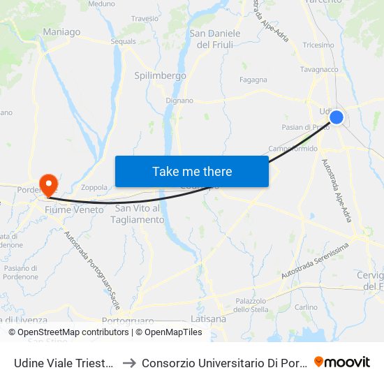 Udine Viale Trieste 156 to Consorzio Universitario Di Pordenone map