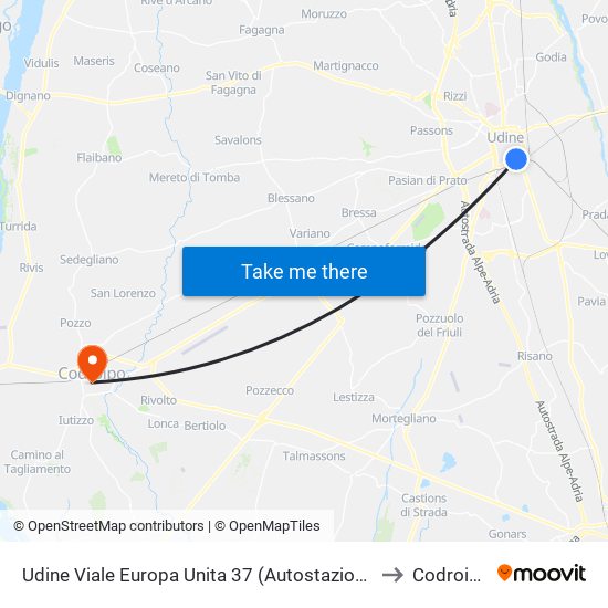 Udine Viale Europa Unita 37 (Autostazione) to Codroipo map