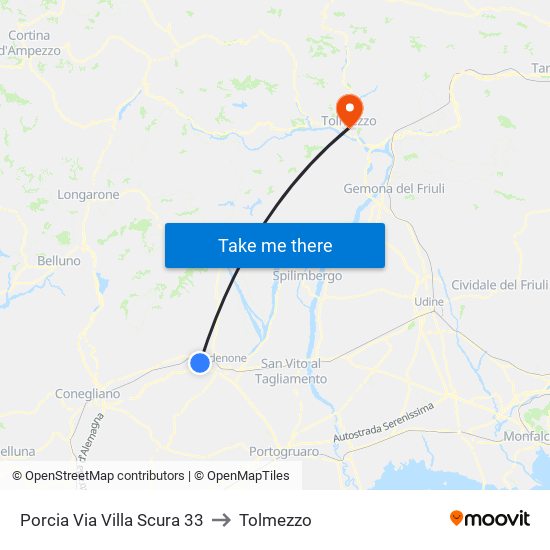 Porcia Via Villa Scura 33 to Tolmezzo map