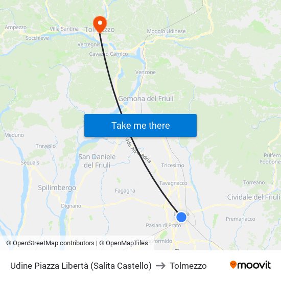 Udine Piazza Libertà (Salita Castello) to Tolmezzo map