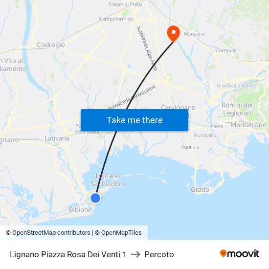 Lignano Piazza Rosa Dei Venti 1 to Percoto map