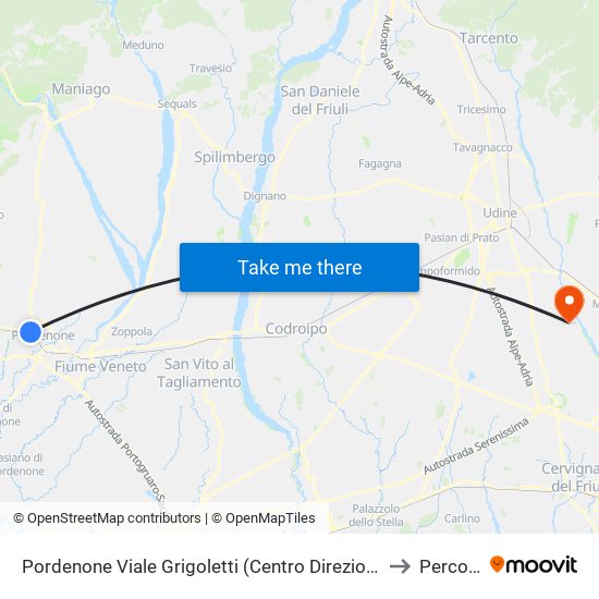 Pordenone Viale Grigoletti (Centro Direzionale) to Percoto map