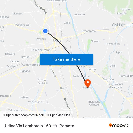 Udine Via Lombardia 163 to Percoto map