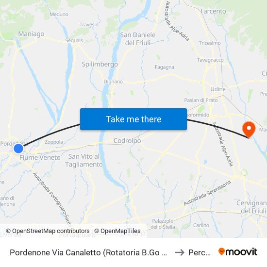 Pordenone Via Canaletto (Rotatoria B.Go Meduna) to Percoto map