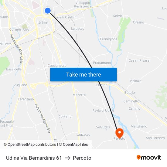 Udine Via Bernardinis 61 to Percoto map