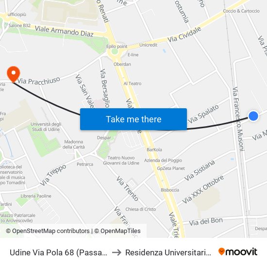 Udine Via Pola 68 (Passaggio A Livello) to Residenza Universitaria Delle Grazie map