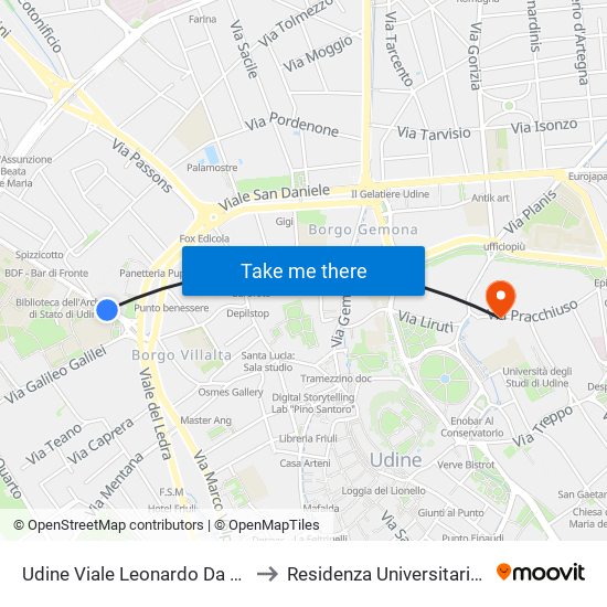 Udine Viale Leonardo Da Vinci 2 (Zanon) to Residenza Universitaria Delle Grazie map