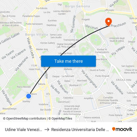 Udine Viale Venezia 50 to Residenza Universitaria Delle Grazie map
