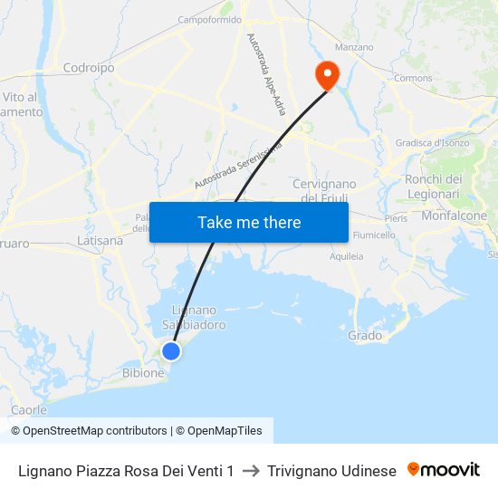 Lignano Piazza Rosa Dei Venti 1 to Trivignano Udinese map