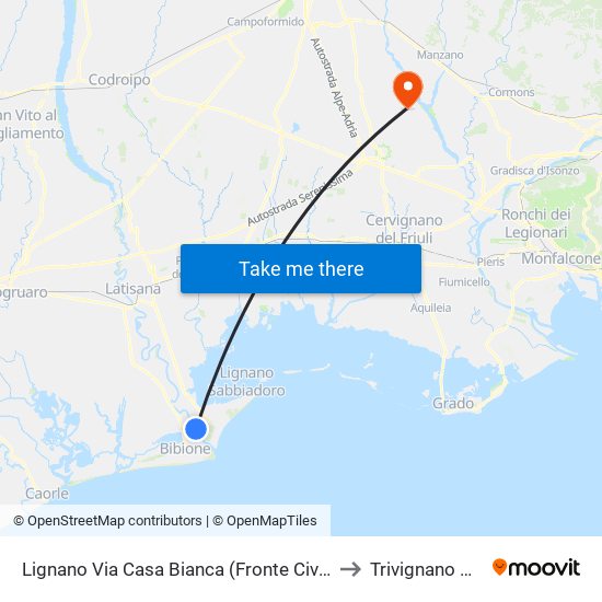 Lignano Via Casa Bianca (Fronte Civico 6, Golf Club) to Trivignano Udinese map
