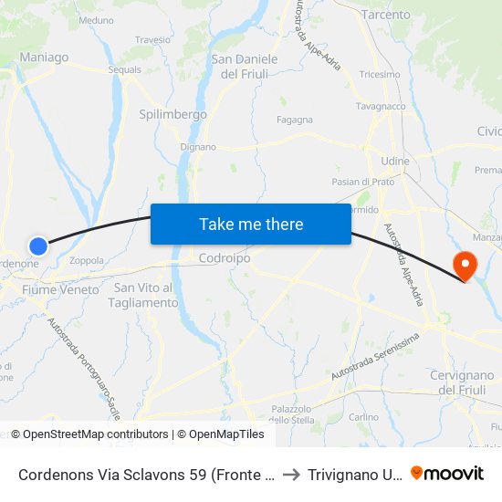 Cordenons Via Sclavons 59 (Fronte Liceo Artistico) to Trivignano Udinese map