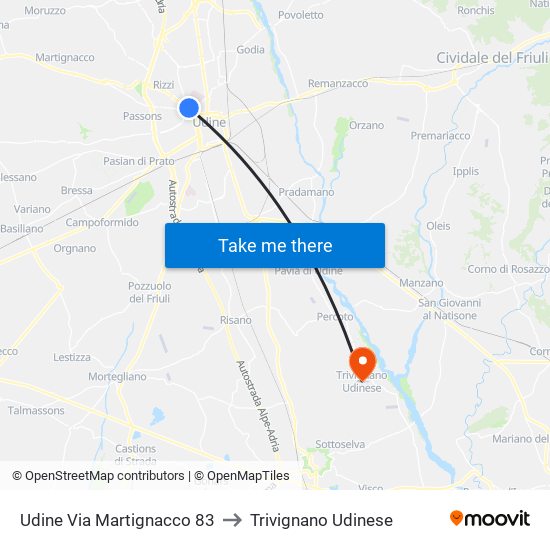 Udine Via Martignacco 83 to Trivignano Udinese map