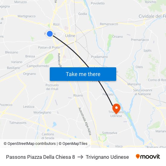 Passons Piazza Della Chiesa 8 to Trivignano Udinese map