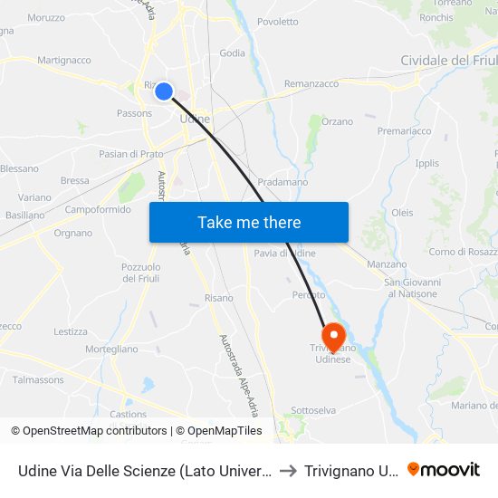 Udine Via Delle Scienze (Lato Università Polo Rizzi) to Trivignano Udinese map