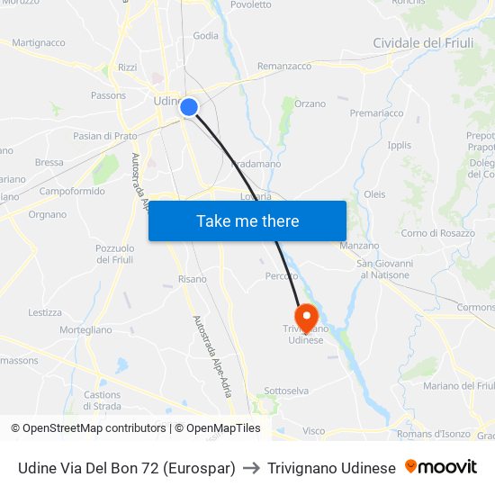 Udine Via Del Bon 72 (Eurospar) to Trivignano Udinese map