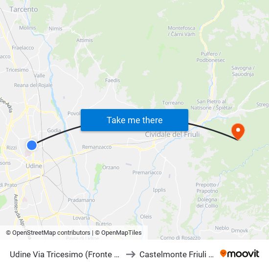 Udine Via Tricesimo (Fronte Civico 106, Bivio Paderno) to Castelmonte Friuli Venezia Giulia Italy map