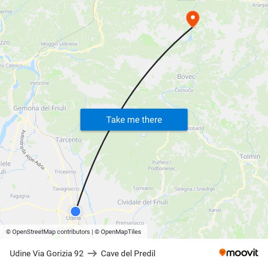 Udine Via Gorizia 92 to Cave del Predil map