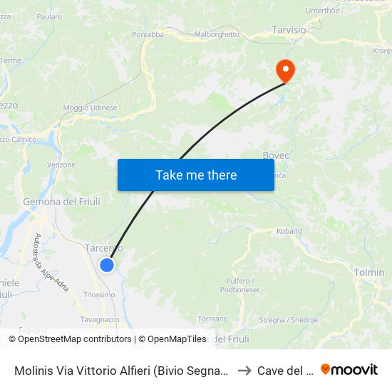 Molinis Via Vittorio Alfieri (Bivio Segnacco, Dir. Tarcento) to Cave del Predil map