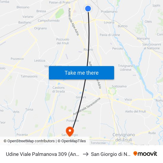 Udine Viale Palmanova 309 (Antenna Rai) to San Giorgio di Nogaro map
