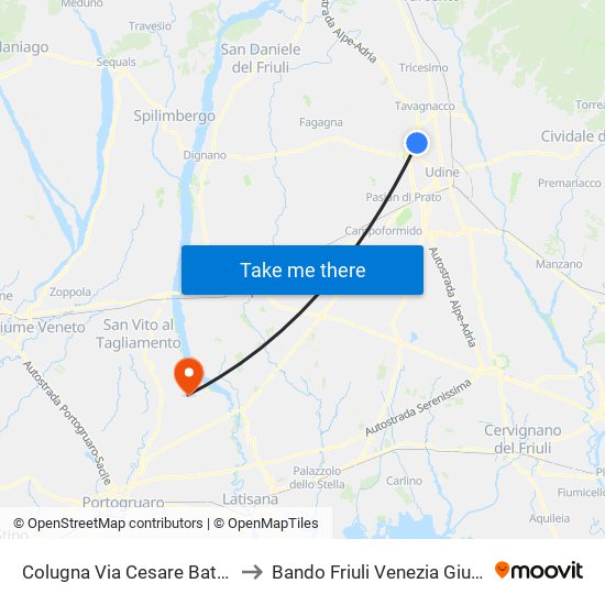 Colugna Via Cesare Battisti 84 to Bando Friuli Venezia Giulia Italy map