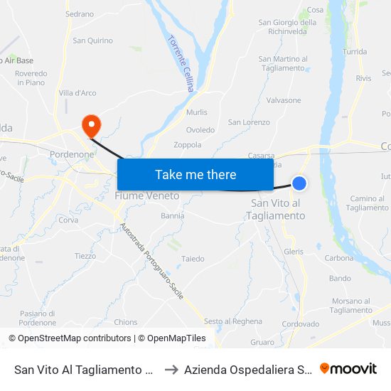 San Vito Al Tagliamento Via Venzone 9 (Brovedani) to Azienda Ospedaliera Santa Maria Degli Angeli map