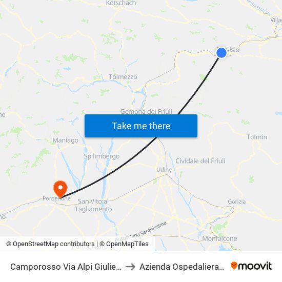 Camporosso Via Alpi Giulie (Fronte 30, Dawit Direz. Udine) to Azienda Ospedaliera Santa Maria Degli Angeli map