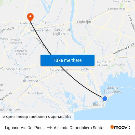 Lignano Via Dei Pini 35a (Market) to Azienda Ospedaliera Santa Maria Degli Angeli map