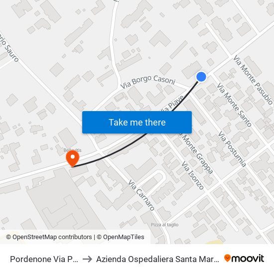 Pordenone Via Piave 117 to Azienda Ospedaliera Santa Maria Degli Angeli map