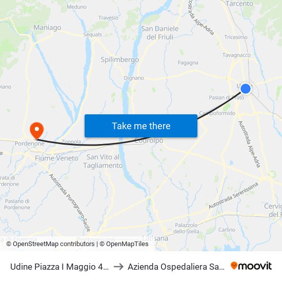 Udine Piazza I Maggio 4 (Ufficio Turismo Fvg) to Azienda Ospedaliera Santa Maria Degli Angeli map
