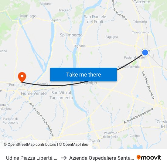 Udine Piazza Libertà (Salita Castello) to Azienda Ospedaliera Santa Maria Degli Angeli map