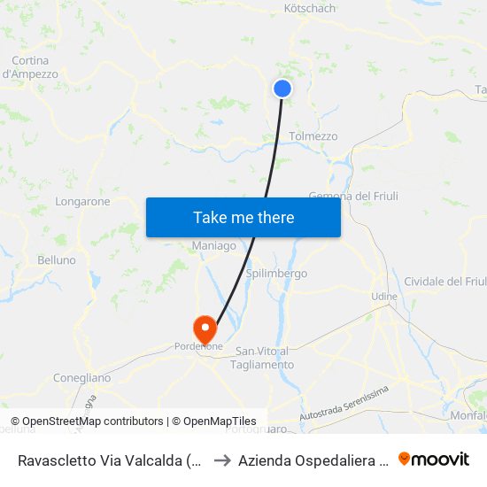 Ravascletto Via Valcalda (Funivia, Direzione Comeglians) to Azienda Ospedaliera Santa Maria Degli Angeli map