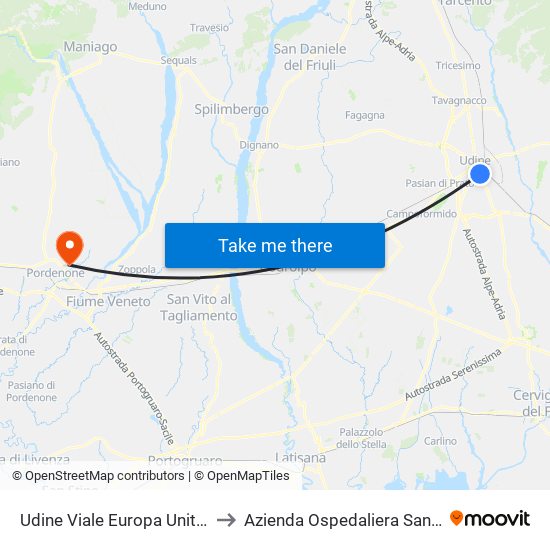 Udine Viale Europa Unita 37 (Autostazione) to Azienda Ospedaliera Santa Maria Degli Angeli map