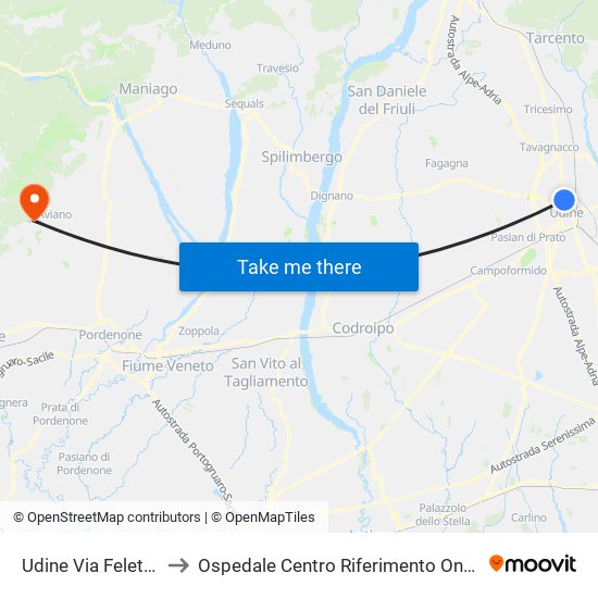 Udine Via Feletto 52 to Ospedale Centro Riferimento Oncologico map