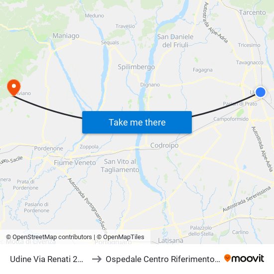 Udine Via Renati 28 (Area 2) to Ospedale Centro Riferimento Oncologico map