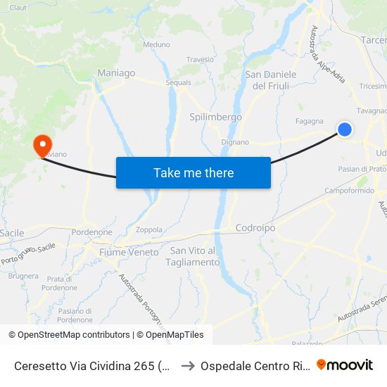 Ceresetto Via Cividina 265 (Tabacchino, Direz. Martignacco) to Ospedale Centro Riferimento Oncologico map