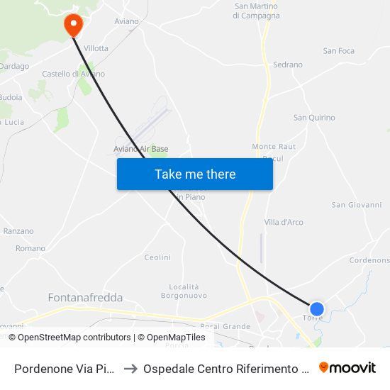 Pordenone Via Piave 117 to Ospedale Centro Riferimento Oncologico map